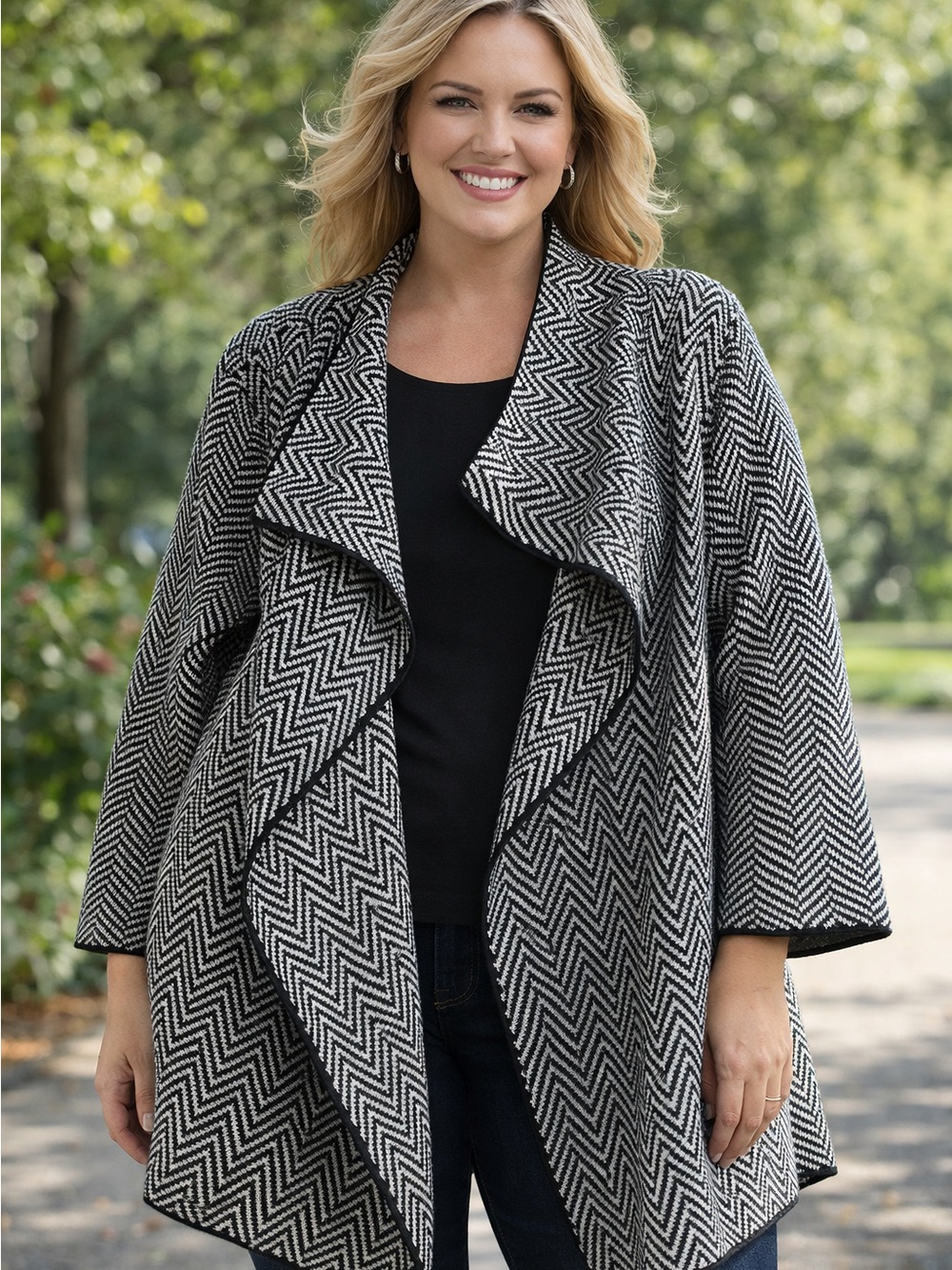 Talbots Black & White Chevron Draped Cardigan Timeless Layering Classic